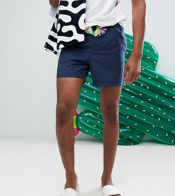 Asos Tall Swim Shorts In Navy With Multicoloured Drawcord In Short Length - Navy