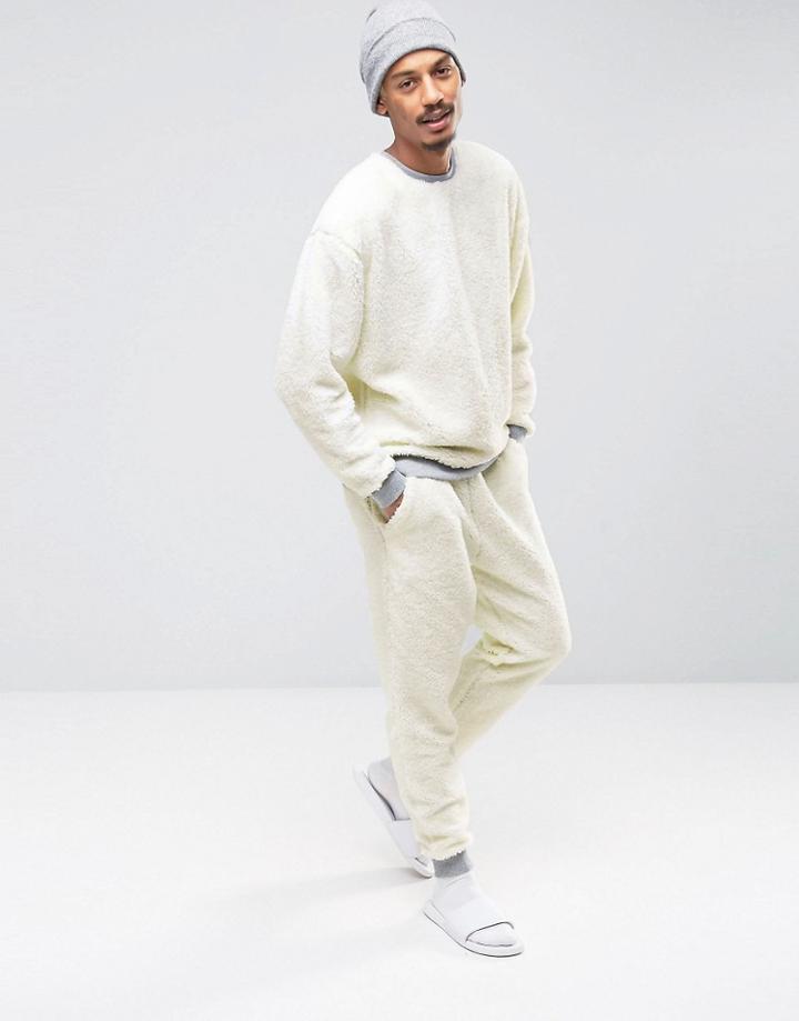 Asos Loungewear Slim Joggers In Borg - White