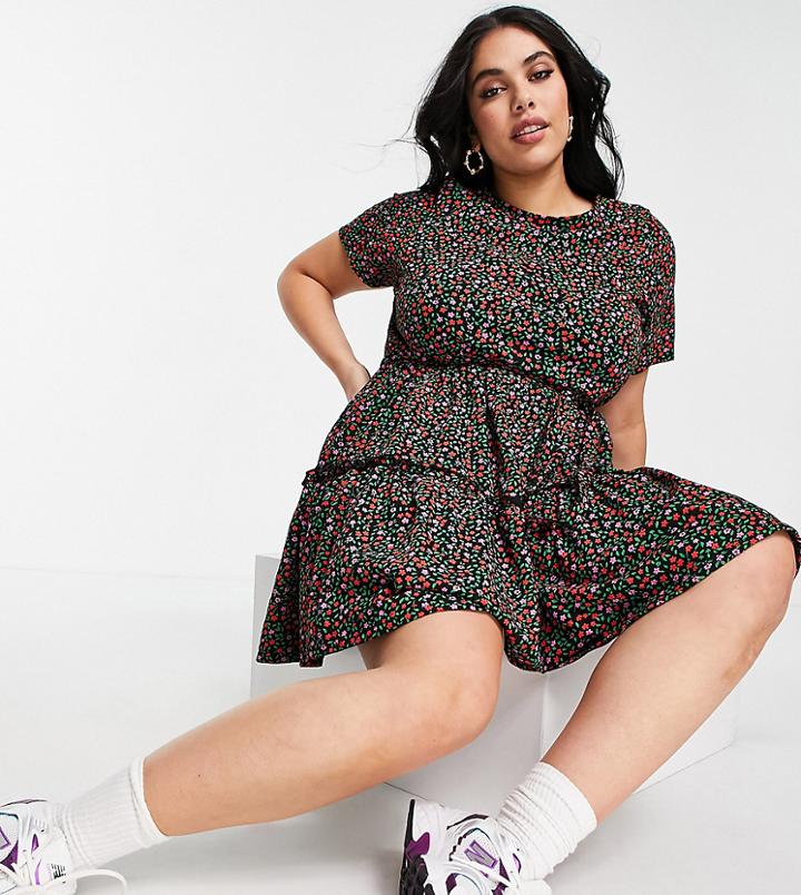 River Island Plus Floral Tiered Mini T-shirt Dress In Black
