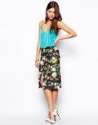Asos Pencil Skirt With Center Front Split In Tropical Floral
