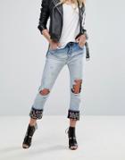 Replay Boyfriend Jeans With Embellished Turn Up - Blue