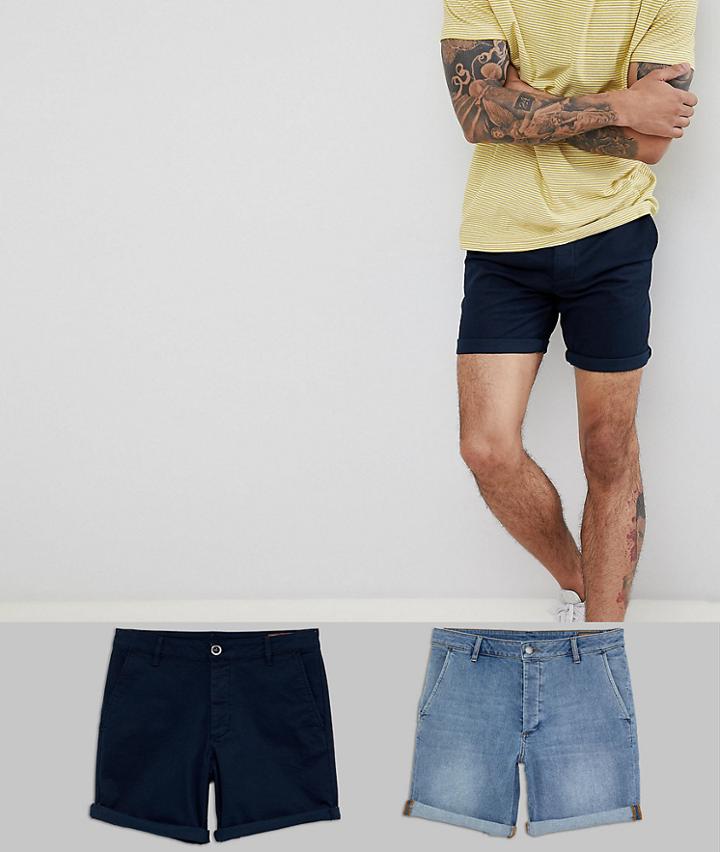 Asos Design Slim Fit Denim Short In Light Wash And Chino Short In Navy Multipack Save - Multi