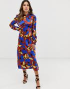 Asos Design High Neck Midi Satin Tea Dress In Bright Floral Print-multi