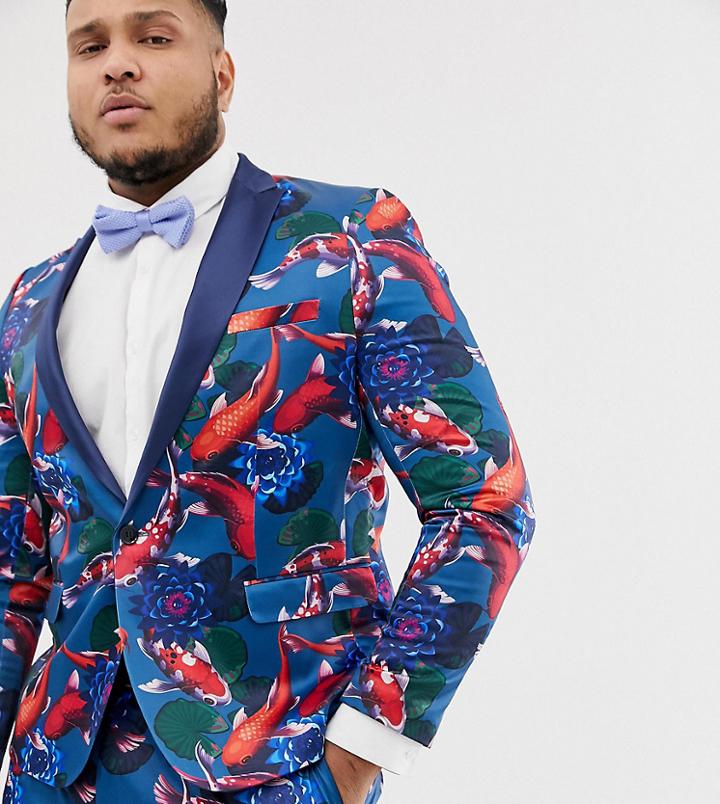 Asos Design Plus Skinny Tuxedo Suit Jacket In Fish Print - Blue