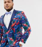 Asos Design Plus Skinny Tuxedo Suit Jacket In Fish Print - Blue