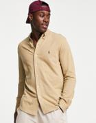 Polo Ralph Lauren Player Logo Slim Fit Pique Shirt Button Down In Tan Heather-brown