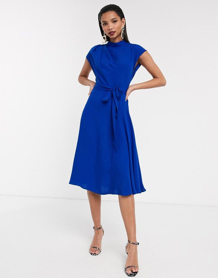 Asos Design High Neck Grown On Sleeve Skater Midi Dress-blue