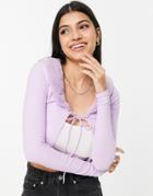 Monki Casja Ribbed Cardigan With Fur Collar In Lilac - Lilac-purple