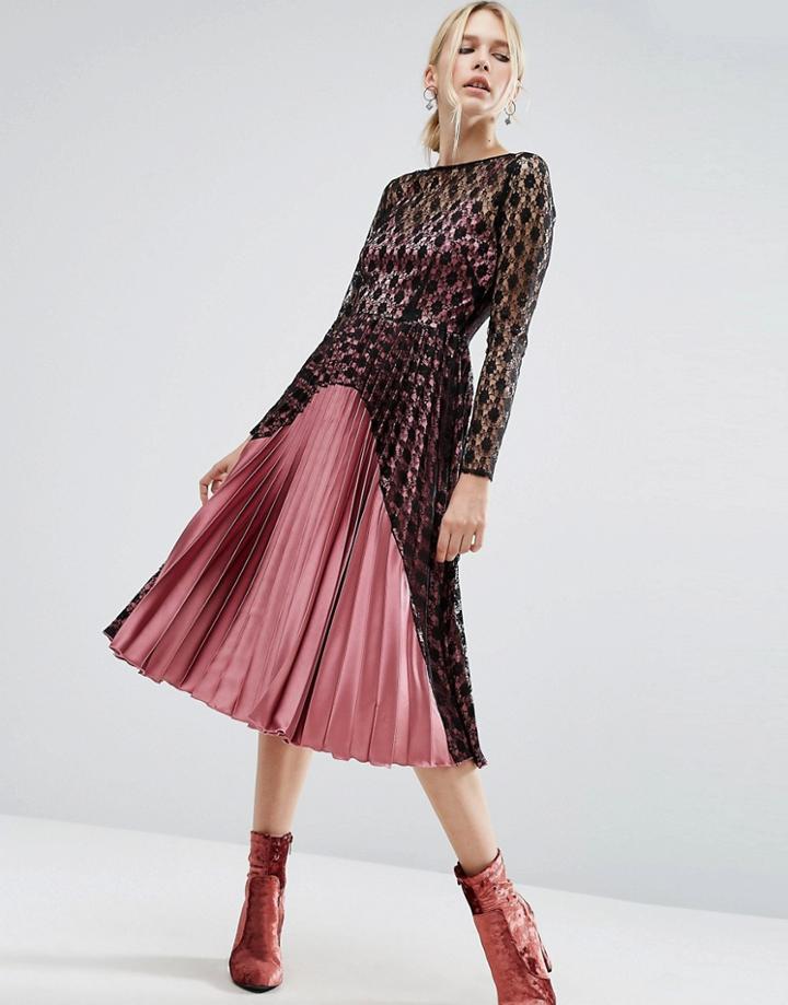 Asos Contrast Lace And Pleat Midi Dress In Satin - Multi