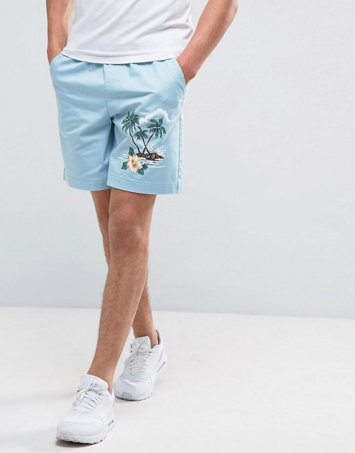 Asos Slim Elasticated Waist Shorts With Beach Print - Blue