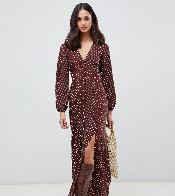 Miss Selfridge Maxi Dress With Blouson Sleeve In Mixed Polka Dot-brown