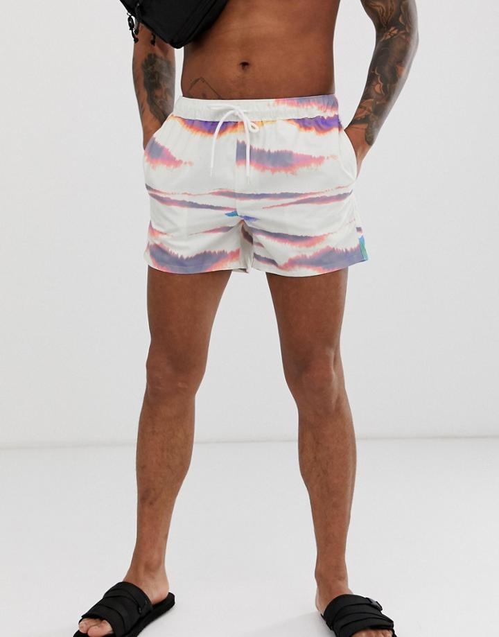 Asos Design Swim Shorts In White Tie Dye And Contrast Drawcord In Short Length - White