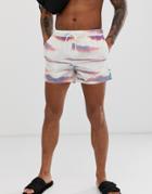 Asos Design Swim Shorts In White Tie Dye And Contrast Drawcord In Short Length - White