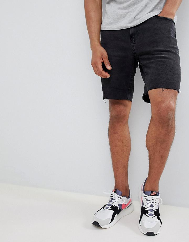Bershka Slim Fit Denim Shorts In Washed Black - Black