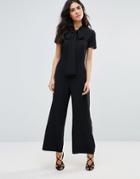 Oh My Love Wide Leg Jumpsuit With Neck Tie - Black