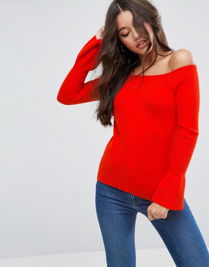 Asos Sweater In Rib With Off Shoulder And Fluted Sleeves - Red