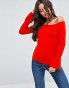 Asos Sweater In Rib With Off Shoulder And Fluted Sleeves - Red