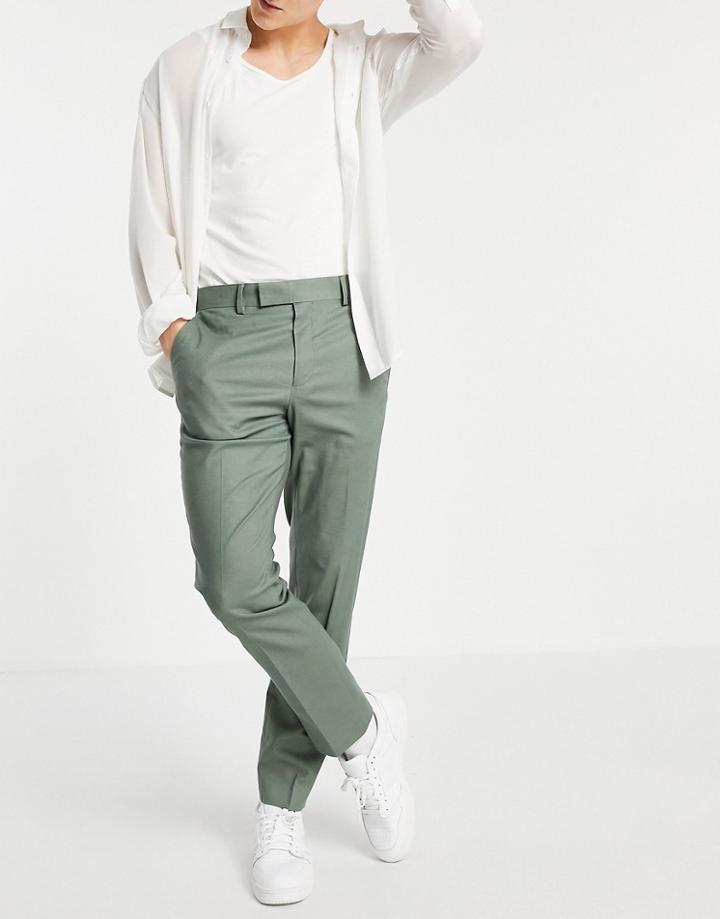 Asos Design Skinny Ankle Grazer Smart Pants With Belt In Green Linen Mix