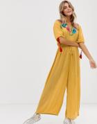 Asos Design Jumpsuit With Embroidery And Tie Sleeve Detail-yellow