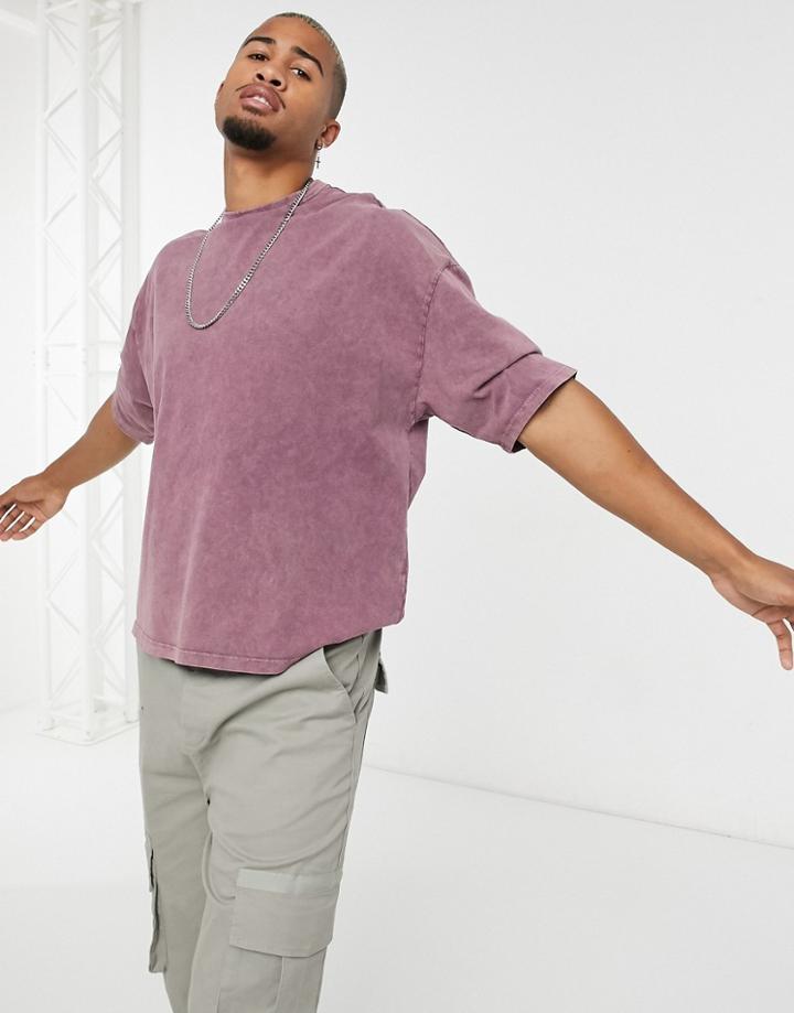 Asos Design Oversized T-shirt With Half Sleeve In Heavyweight Dark Violet Acid Wash-purple