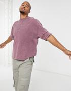 Asos Design Oversized T-shirt With Half Sleeve In Heavyweight Dark Violet Acid Wash-purple