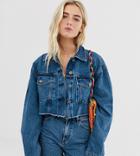 Collusion Cropped Denim Jacket With Raw Hem - Blue