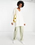 Topshop Knitted V Neck Cable Sweater In Ivory-white