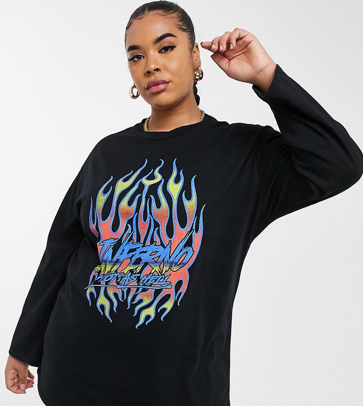 Rokoko Plus Oversized Long Sleeve T-shirt Dress With Flame Graphic-black