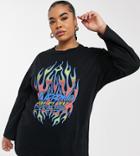 Rokoko Plus Oversized Long Sleeve T-shirt Dress With Flame Graphic-black