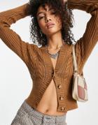 Bershka Cable Knit Cropped Cardigan In Camel-neutral