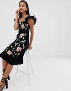 Asos Design Square Neck Midi Dress With Floral Embroidery-black