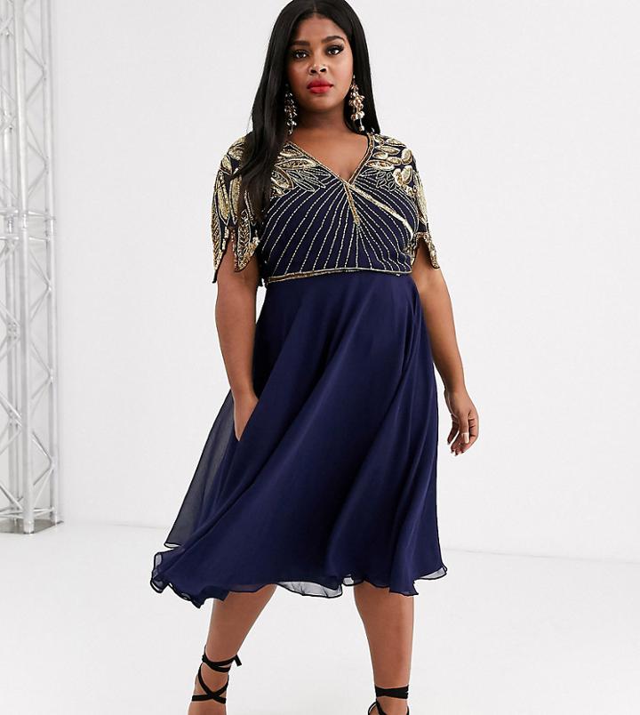 Virgos Lounge Plus Embellished Shoulder Skater Dress In Navy