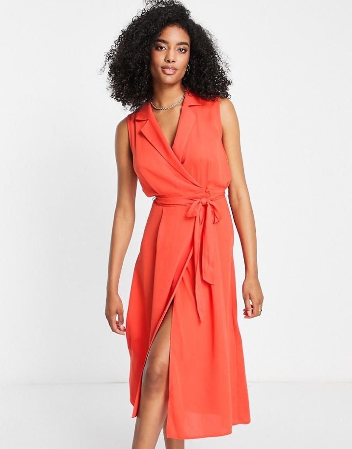 Asos Design Tie Front Sleeveless Collared Wrap Midi Dress In Orange