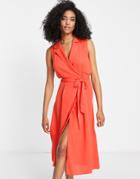 Asos Design Tie Front Sleeveless Collared Wrap Midi Dress In Orange