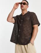 Asos Design Relaxed Revere Shirt In Brown Natural Lace