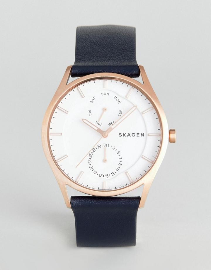 Skagen Skw6372 Holst Leather Watch In Navy - Navy