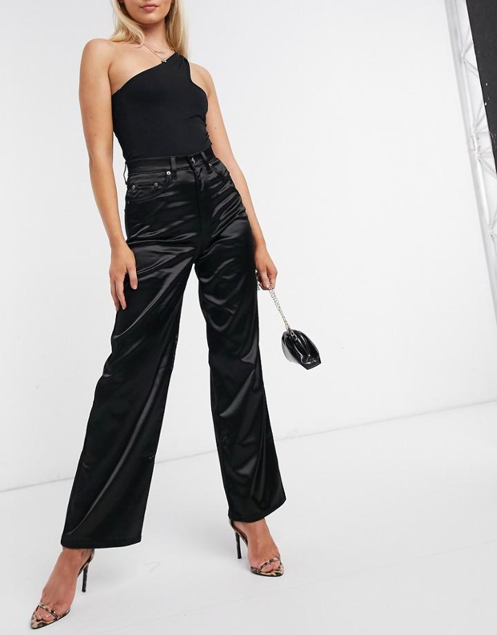 Asos Design High Rise 'relaxed' Dad Jeans In Black Satin