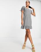 I Saw It First Puff Sleeve Mini Dress With Flippy Hem In Mono Check-multi