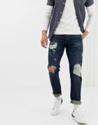 Asos Design 12.5oz Slim Jeans In Indigo With Heavy Rips-blue