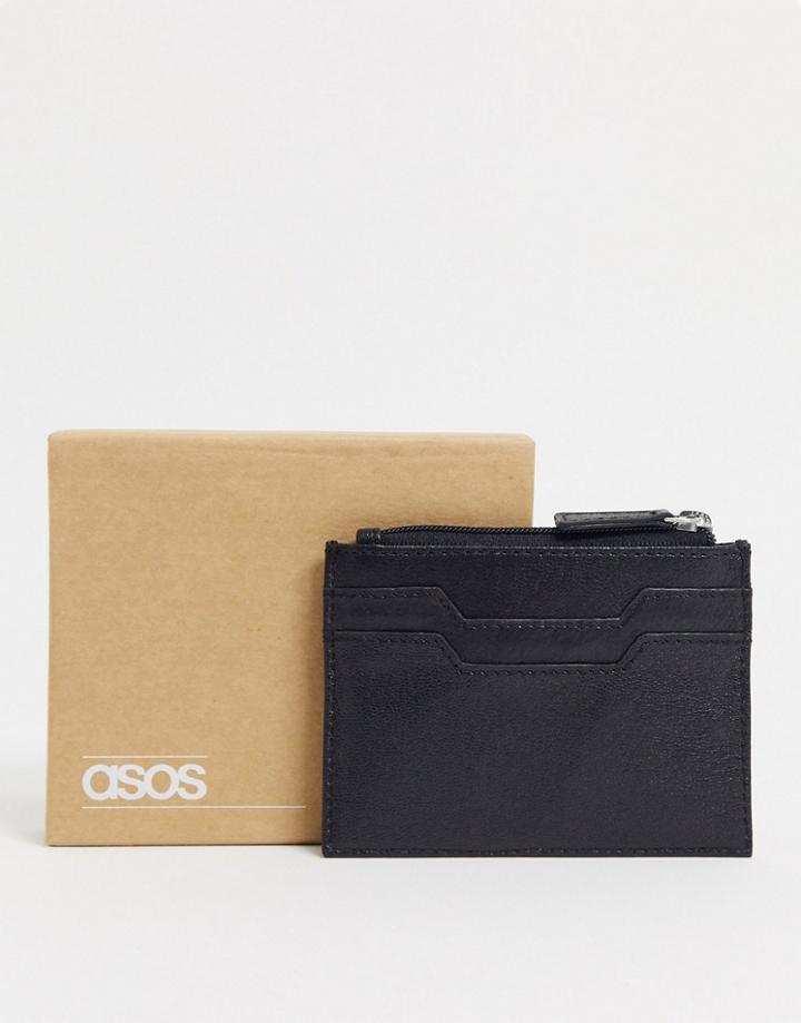 Asos Design Leather Cardholder With Zip In Black