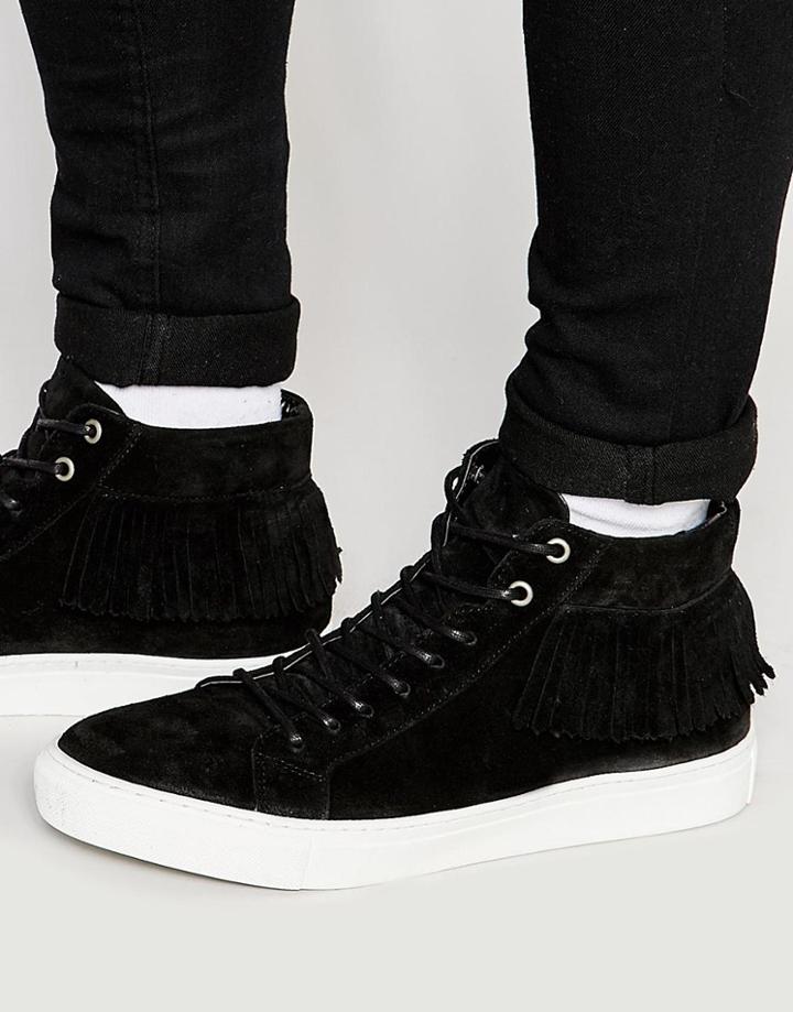 Walk London Suede Fringed Hi Top Sneakers - Black
