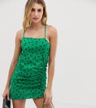 Warehouse Beach Dress With Ruched Detail In Green Polka Dot - Green