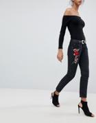 Liquor N Poker Boyfriend Jean With Stepped Hem And Rose Embroidery - Black
