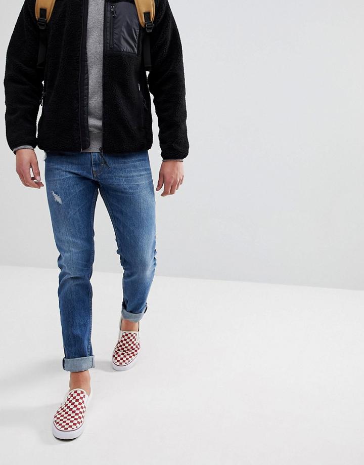 Just Junkies Tapered Jeans In 90s Wash With Abrasions-blue