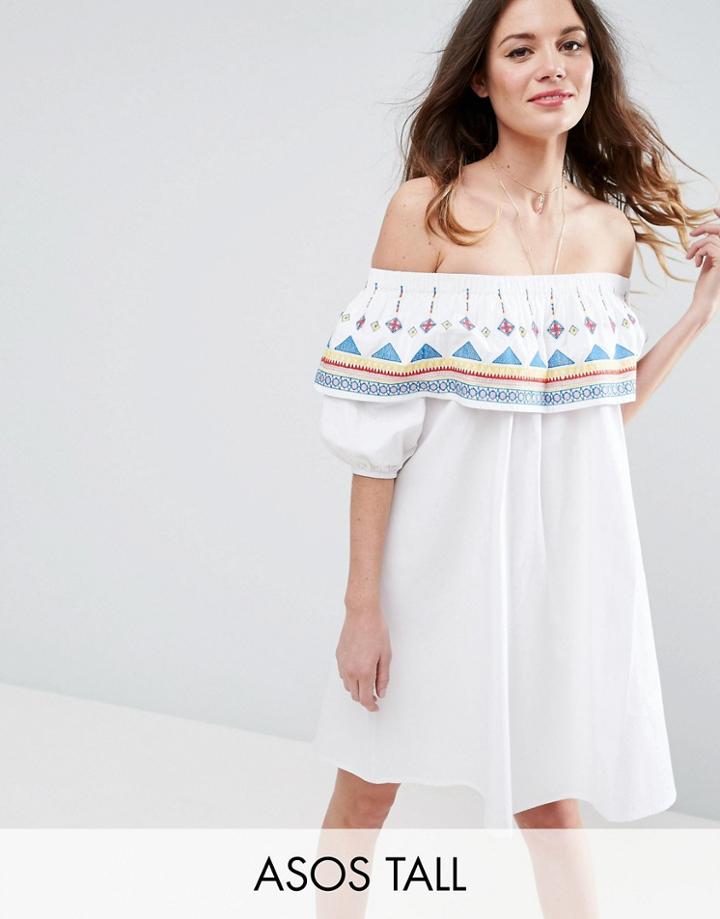 Asos Tall Geo-tribal Embroidered Off Shoulder Sundress On Check Cotton - Multi
