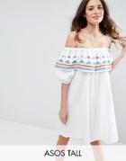Asos Tall Geo-tribal Embroidered Off Shoulder Sundress On Check Cotton - Multi
