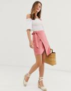 Asos Design Utility Linen Wrap Mini Skirt - Beige