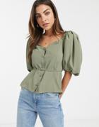 Asos Design Button Front Tea Blouse With Puff Sleeve-green
