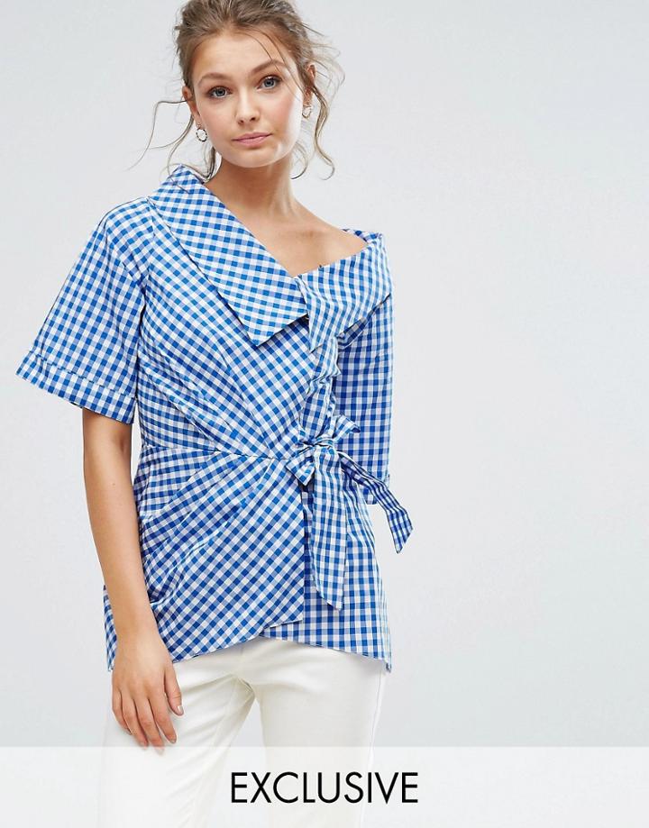 Closet London Wrap Front Top In Gingham - Blue