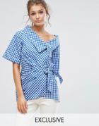 Closet London Wrap Front Top In Gingham - Blue